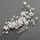 Mariell Pearl and Crystal Bridal Comb with Matte White Enamel Leaves 241H