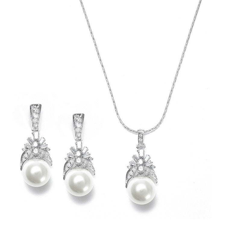 Pearl and CZ Baguettes Necklace Set 261S