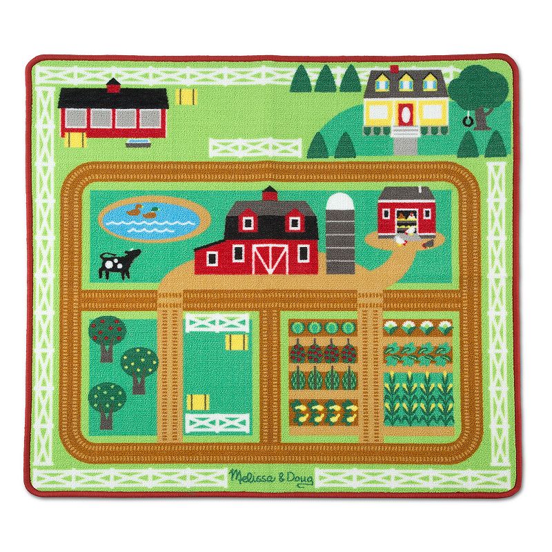 Melissa and Doug Round the Barnyard Farm Activity Play Rug Wooden Tractor, Trailer, 3 Toy Animals, 39" x 36"