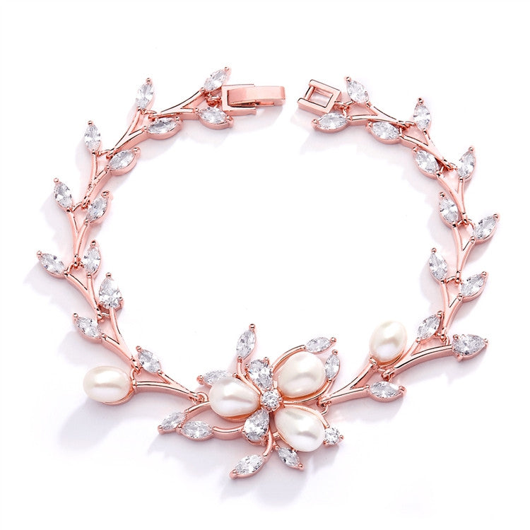 New !! Rose Gold and Freshwater Pearls in CZ Leaves Bracelet 3041B-RG