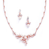 Rose Gold and Freshwater Pearls in CZ Leaves Neck Set 3041S-RG