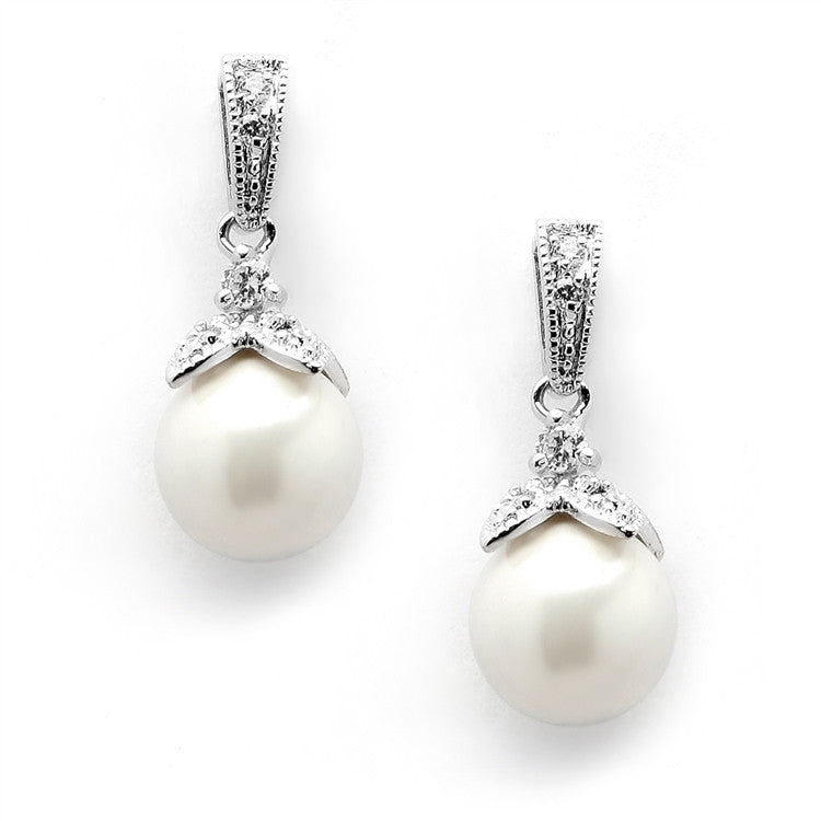 Light Ivory Pearl Drop Wedding Earrings with Vintage CZ 3045E-S