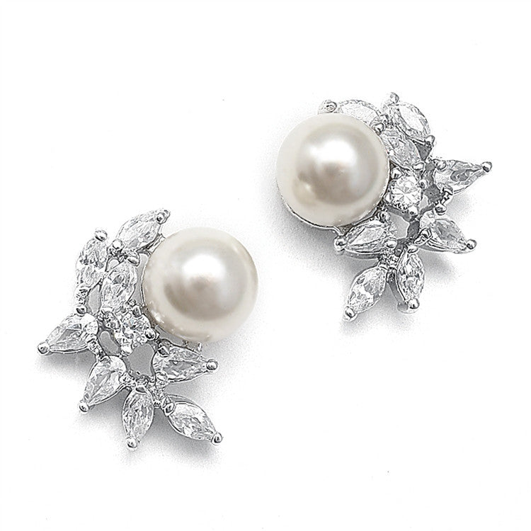 CZ Crescent Bridal Clip-On Earrings with Pearl 3067EC