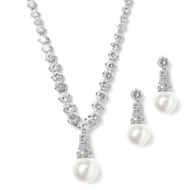 Bridal Necklace Set with Graduated CZ Rounds and Bold Pearl 3068S