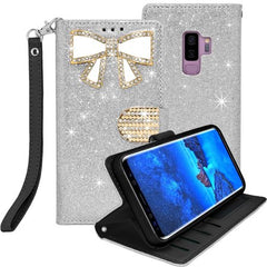 Samsung Galaxy S9 Plus Diamond Bow Glitter Leather Wallet Case Cover Silver