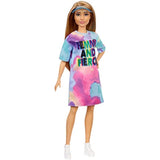 Barbie Fashionistas Doll # 159, Petite, with Light Brown Hair Wearing Tie-Dye T-Shirt Dress, White Shoes & Visor, Toy for Kids 3 to 8 Years Old