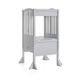 Guidecraft Contemporary Kitchen Helper Stool - White W/Keeper and Non-Slip Mat: Adjustable Height Wooden Baking Tower, Folding Step Stool for Toddlers, Little Kids Learning Furniture