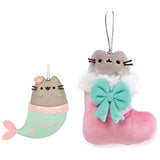 GUND Pusheen Christmas Stocking Ornament and Mermaid Ornament Bundle