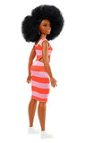 Barbie Fashionistas Doll, Curvy, Wearing Striped Dress and Accessories with Afro Hairstyle, for 3 to 7 Year Olds
