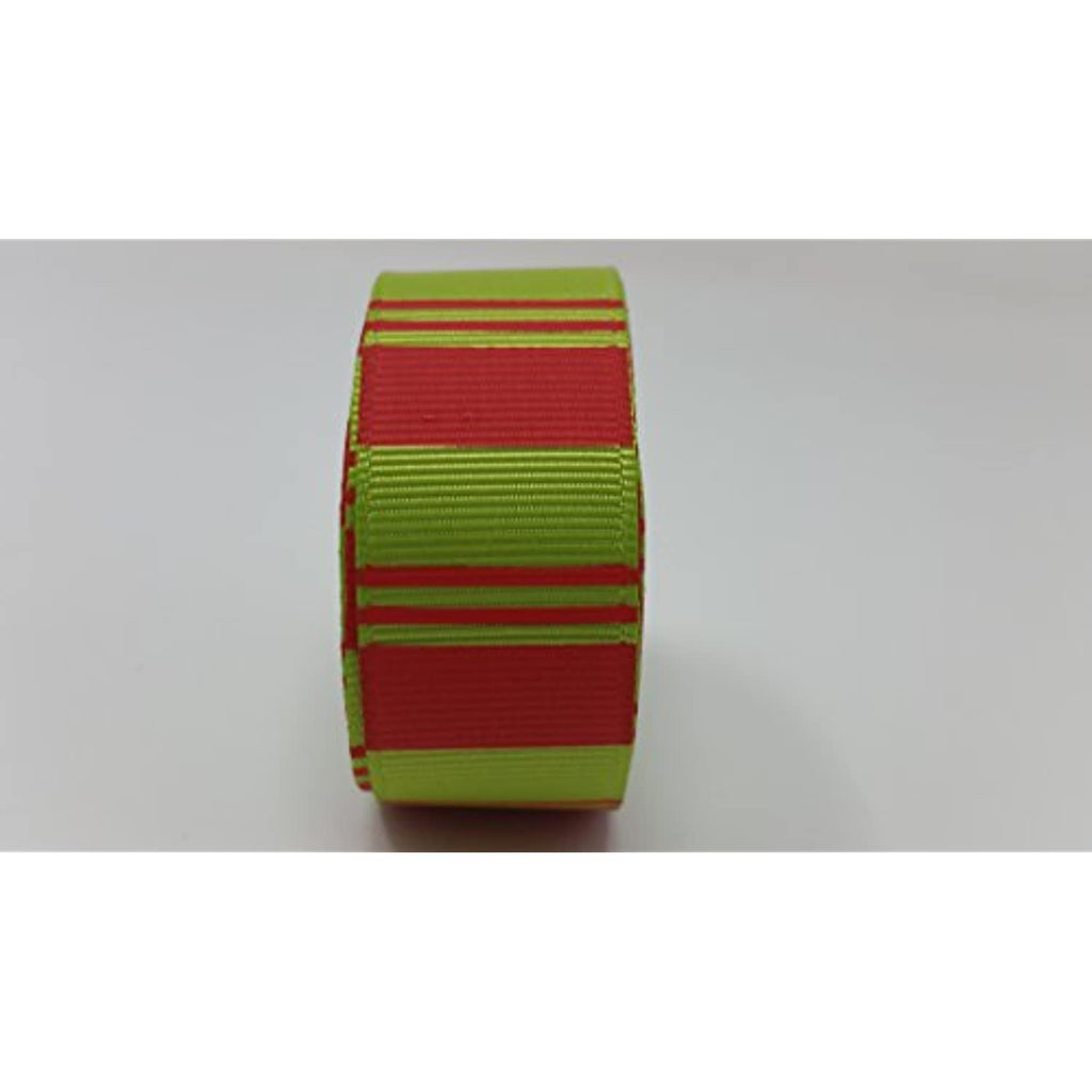 Polyester Grosgrain Ribbon for Decorations, Hairbows & Gift Wrap by Yame Home (7/8-in by 1-yd, 000036647 - red bars w/green background)