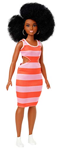 Barbie Fashionistas Doll, Curvy, Wearing Striped Dress and Accessories with Afro Hairstyle, for 3 to 7 Year Olds