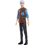 Barbie Ken Fashionistas Doll #154 with Sculpted Purple Hair Wearing a Color-Blocked Plaid Shirt, Black Denim Pants & Boots, Toy for Kids 3 to 8 Years Old