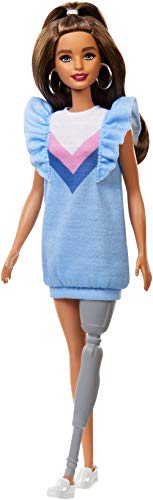 Barbie Fashionistas Doll with Long Brunette Hair and Prosthetic Leg Wearing Sweater Dress and Accessories, for 3 to 8 Year Olds