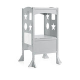Guidecraft Classic Kitchen Helper Stool - White W/Keeper and Non-Slip Mat: Foldable, Adjustable Height Safety Cooking Stool for Toddlers with Chalkboard and Whiteboard Message Boards