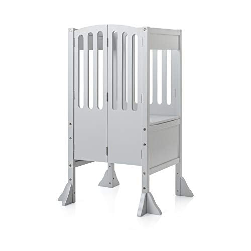 Guidecraft Contemporary Kitchen Helper Stool - White W/Keeper and Non-Slip Mat: Adjustable Height Wooden Baking Tower, Folding Step Stool for Toddlers, Little Kids Learning Furniture