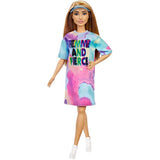 Barbie Fashionistas Doll # 159, Petite, with Light Brown Hair Wearing Tie-Dye T-Shirt Dress, White Shoes & Visor, Toy for Kids 3 to 8 Years Old