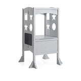 Guidecraft Classic Kitchen Helper Stool - White W/Keeper and Non-Slip Mat: Foldable, Adjustable Height Safety Cooking Stool for Toddlers with Chalkboard and Whiteboard Message Boards
