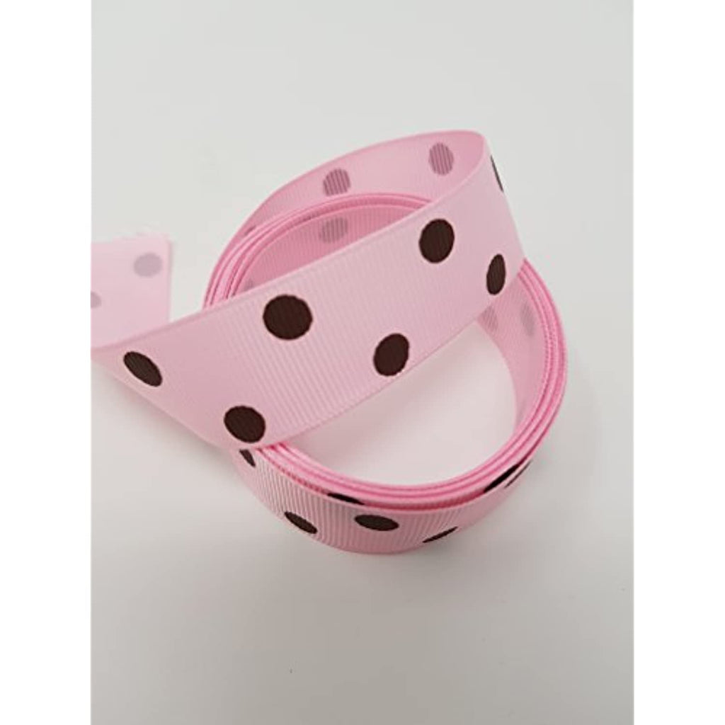 Polyester Grosgrain Ribbon for Decorations, Hairbows & Gift Wrap by Yame Home (7/8-in by 50-yds, ys07030209ae - Brown Polka Dots w/Pink Background)