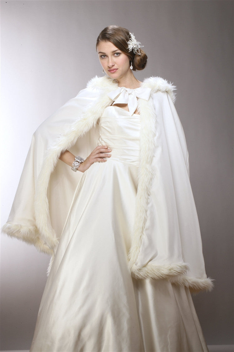 Mid Length Hooded Satin Bridal Cloak with Faux Angora Trim 3370CL