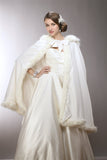 Mid Length Hooded Satin Bridal Cloak with Faux Angora Trim 3370CL