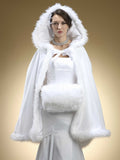 Mid Length Hooded Satin Bridal Cloak with Faux Angora Trim 3370CL