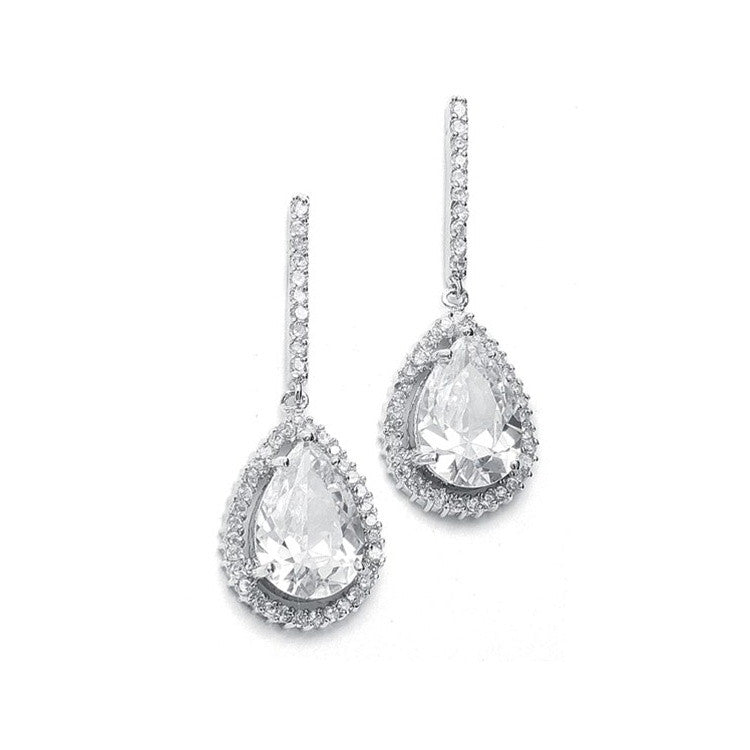 Large CZ Pear Drop Bridal Earrings with Pave Frame 342E