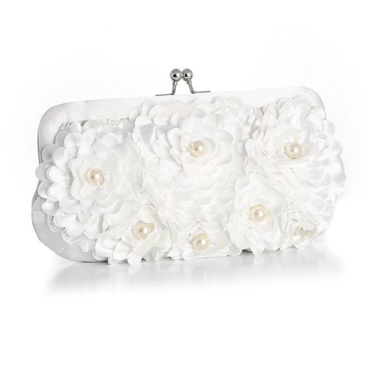 White Floral Wedding Purse with Pearl Accents 3502EB-W