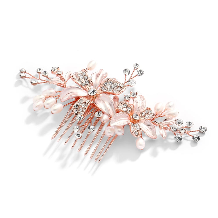 Brushed Rose Gold ,  Ivory  Floral Wedding Comb with Freshwater Pearls & Crystals