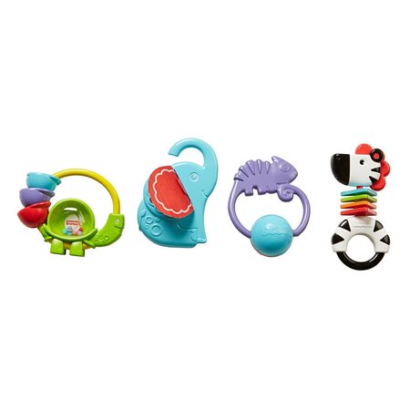Fisher-Price Elephant Mirror, Zebra Rattle, Turtle Clacker, Chameleon Teether Bundle
