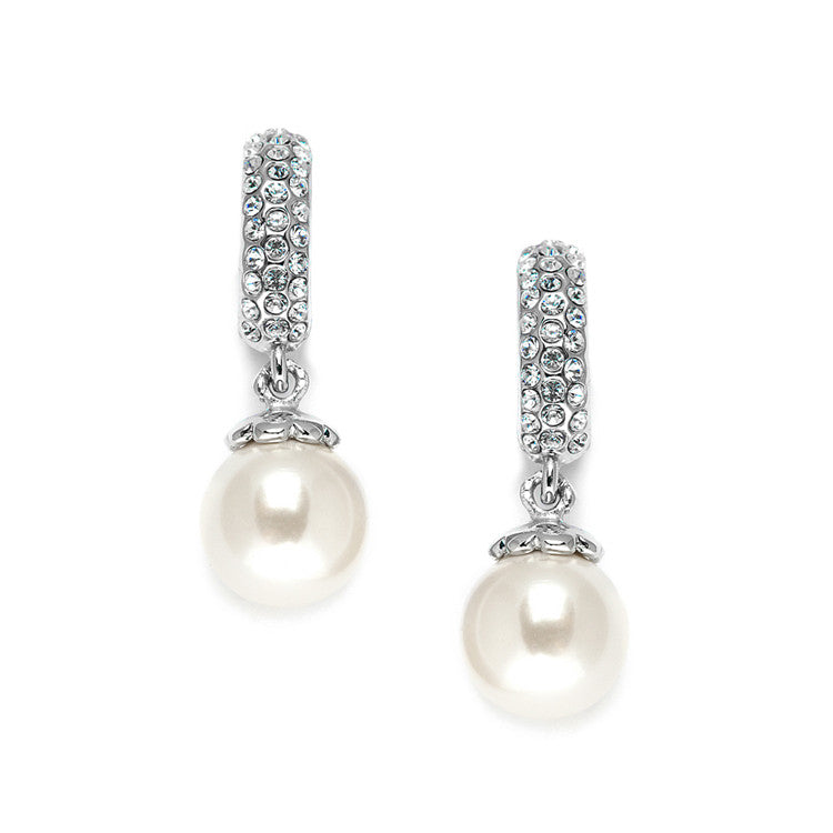 Clip On Pearl Wedding Earrings with Inlaid Cubic Zirconia 3626EC