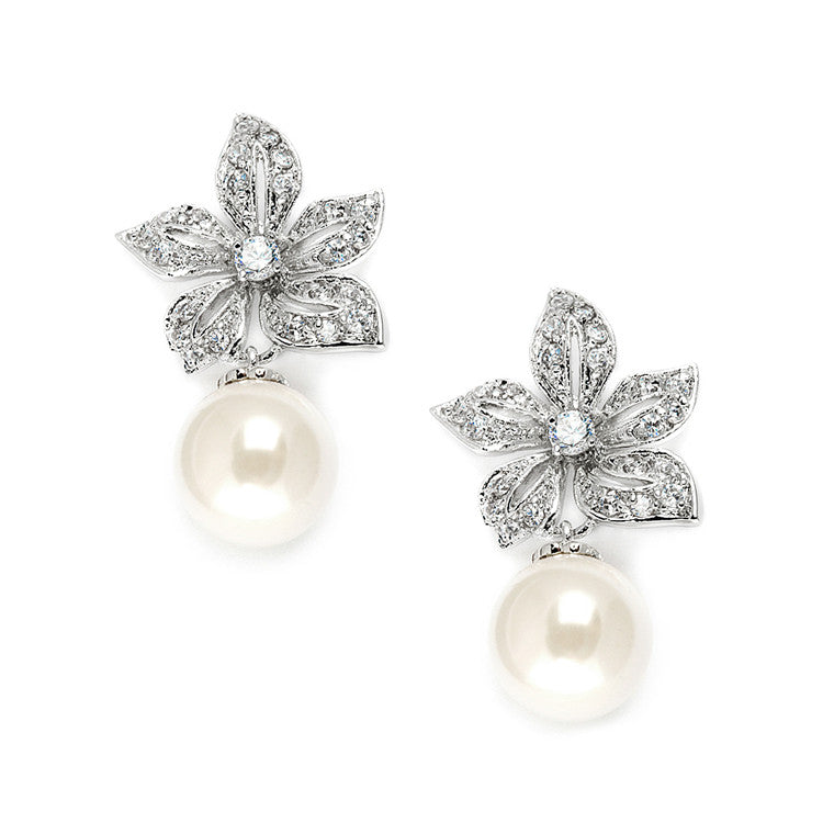Vintage Floral Pearl Drop Wedding Earrings 3640E