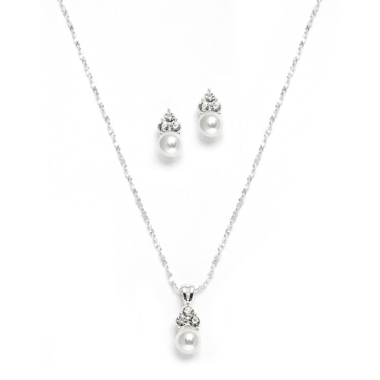 White Pearl & Crystal Wedding Necklace & Earrings