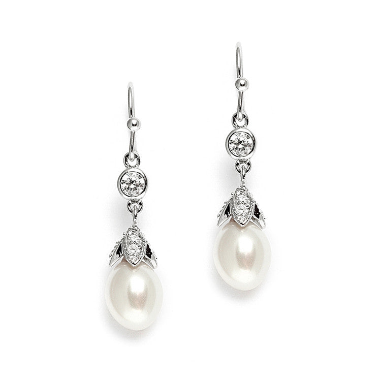Vintage Wedding Earrings with Oval Pearl Drops 3689E