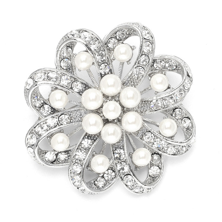 Regal Crystal & Pearl Swirl Vintage Wedding Brooch
