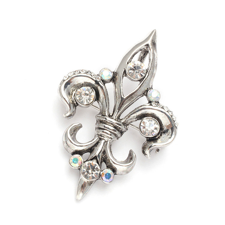 Antique Silver Fleur de Lis Mardi Gras Pin with Crystals