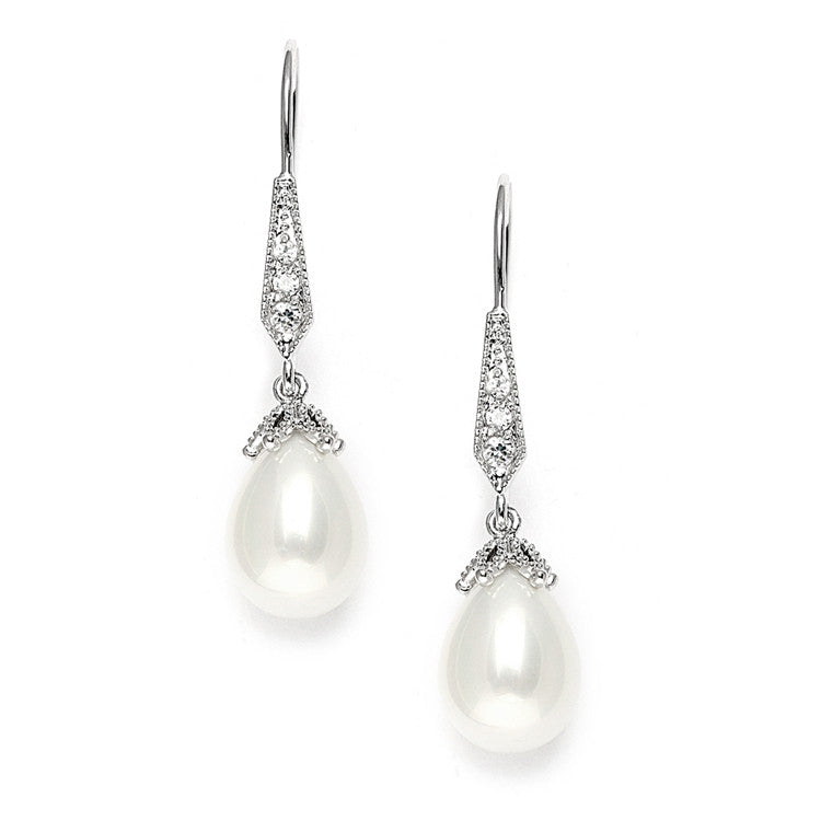 Vintage French Wire Wedding Earrings with Pearl Teardrops with CZ Pave 3777E