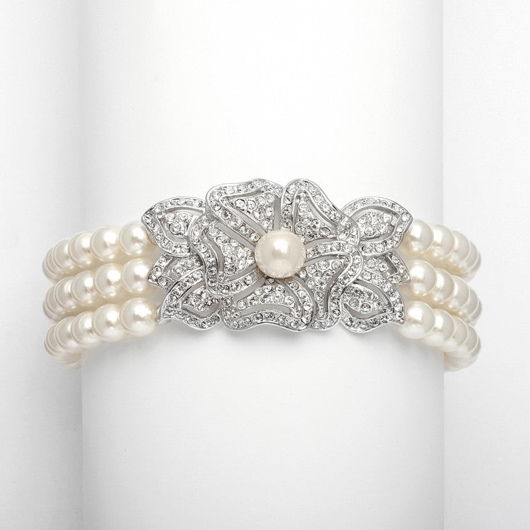 3-Row Pearl & Cubic Zirconia Vintage Wedding Bracelet 3826B