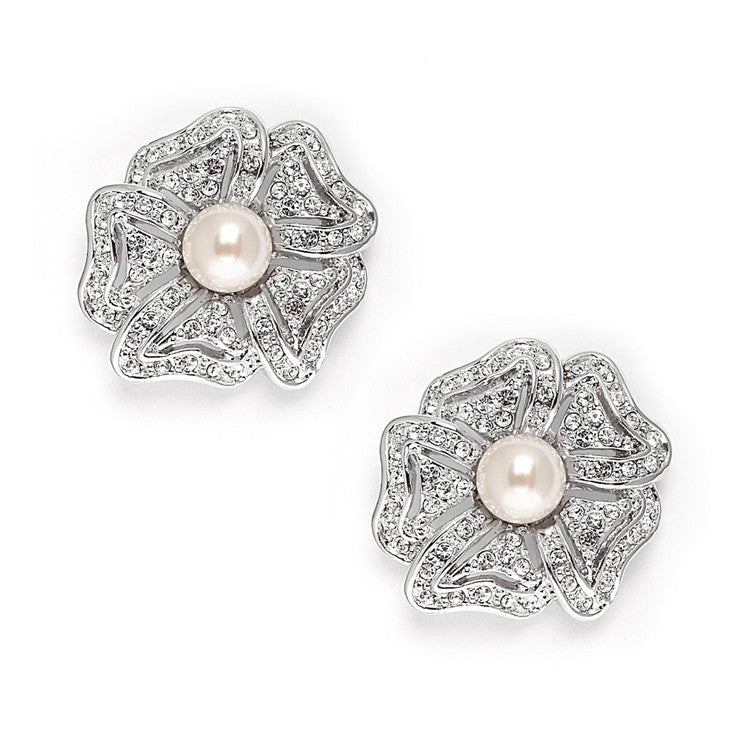 Vintage Cubic Zirconia Pave Flower Wedding Earrings with Pearl 3826E