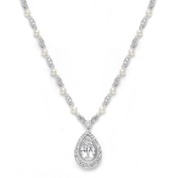 Victorian Bridal Necklace with Pearls & Cubic Zirconia Teardrop 3828N