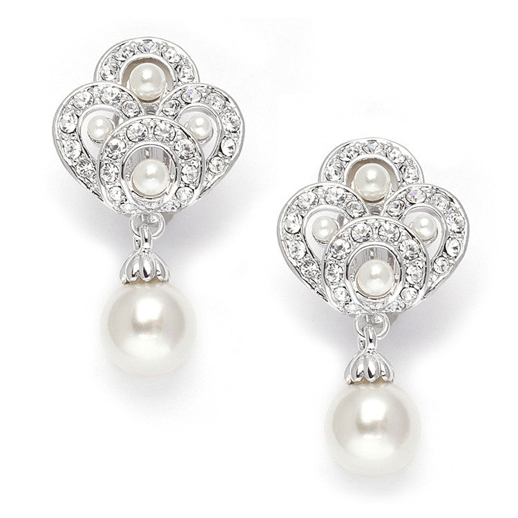 Art Deco Cubic Zirconia &  Pearl Drop Wedding Earrings 3830E