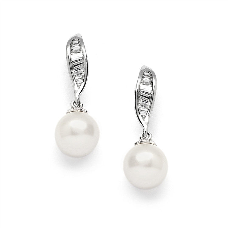 Cubic Zirconia Bridal Earrings with Baguettes & Soft Cream Pearl Drops 3992E