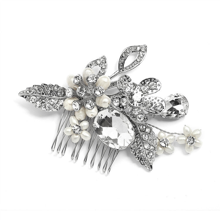 Vintage Statement Bridal Comb in Antique Rhodium with Bold Oval Crystal and Freshwater Pearls 4002HC