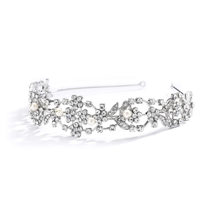 Vintage Crystal & Ivory Pearl Wedding Tiara or Bridal Headband 4049T