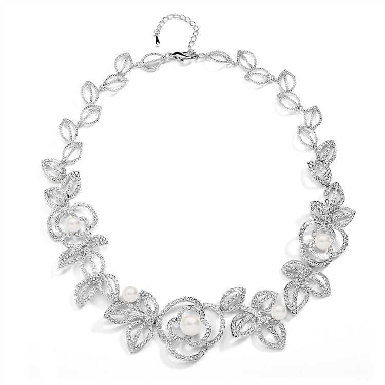 Designer Wedding Necklace with Cubic Zirconia and Pearl Flowers 4055N