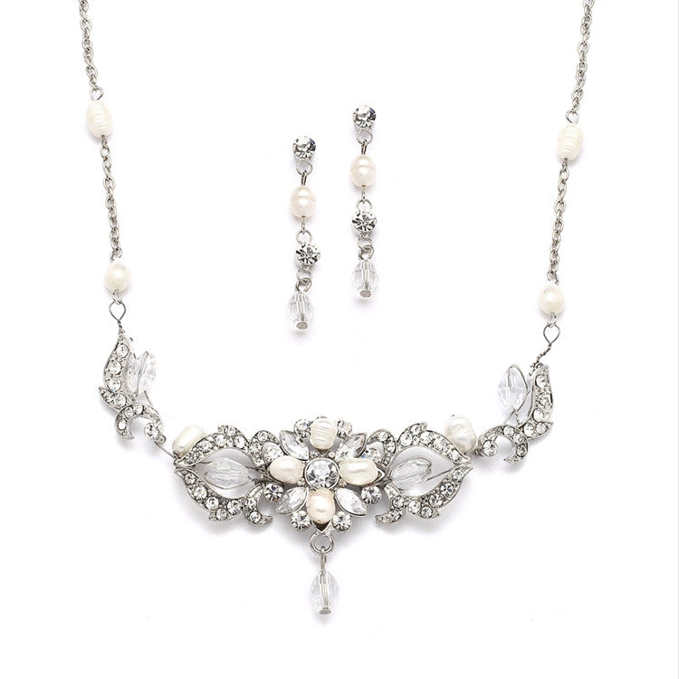 Top-Selling Freshwater Pearl & Crystal Wedding Necklace & Earrings Set 4060S