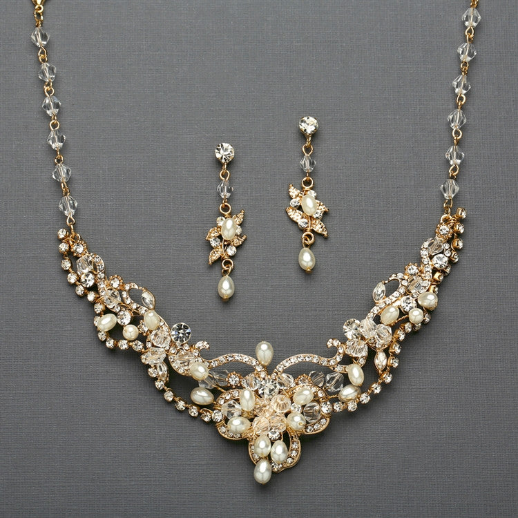 Ivory Freshwater Pearl & Crystal Gold Wedding Necklace and Earrings Set 4061S-I-G