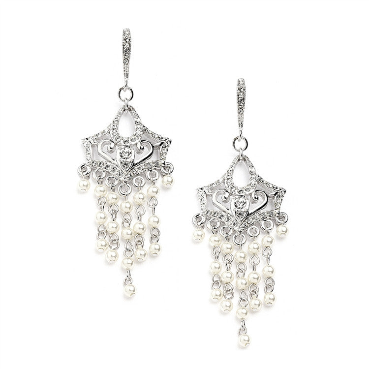 Vintage Pearl Chandelier Wedding Earrings with Cubic Zirconia Encrusted French Wires 4067E