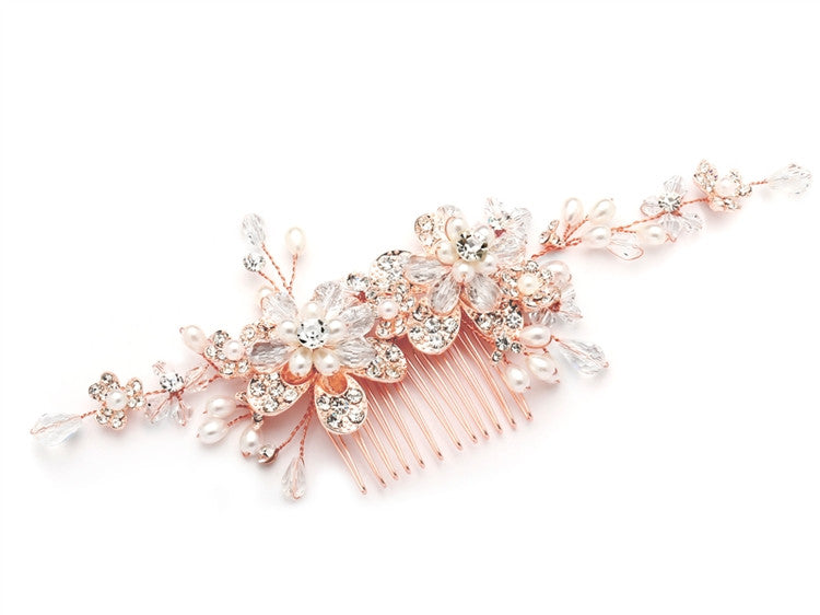 Fabulous Rose Gold Wedding or Brides Hair Comb with Pearl and Crystal Sprays 4071HC-RG