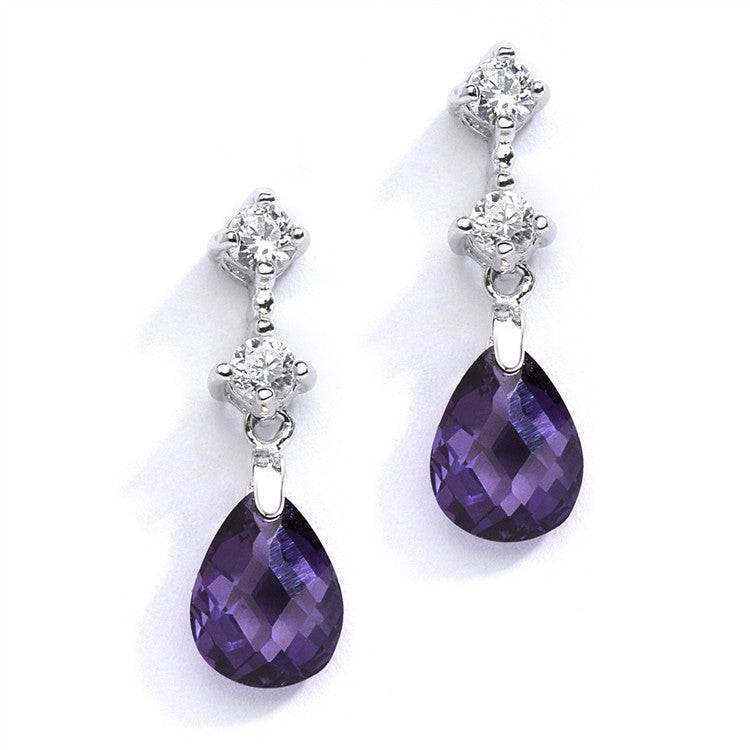 CZ Bridal or Bridesmaids Earrings with Amethyst Crystal Drops