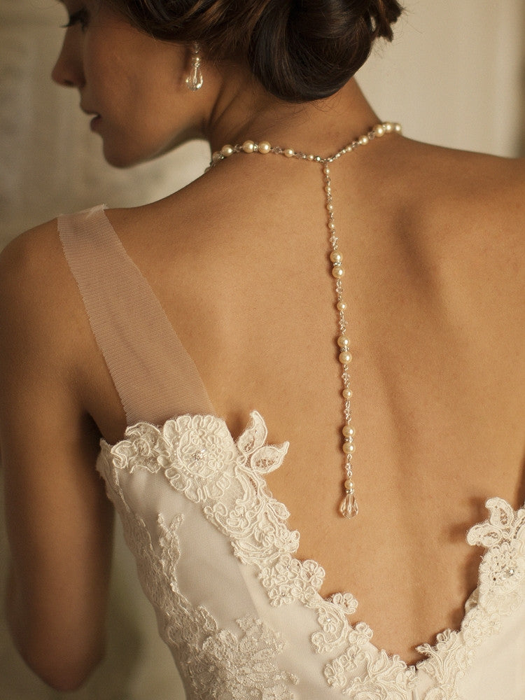 Alluring Wedding Back Necklace with Ivory Pearls & Crystal Drop 4079N